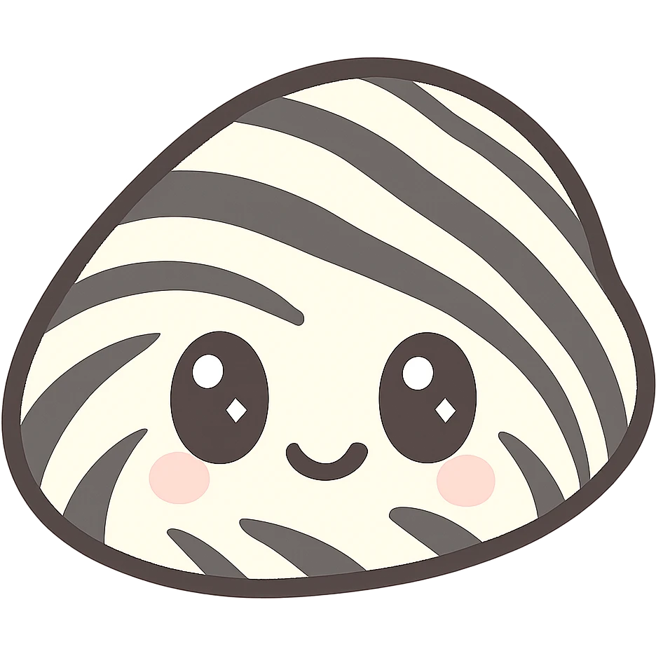 zebra mussel emoji, cute kawaii style, big eyes, striped shell emoji