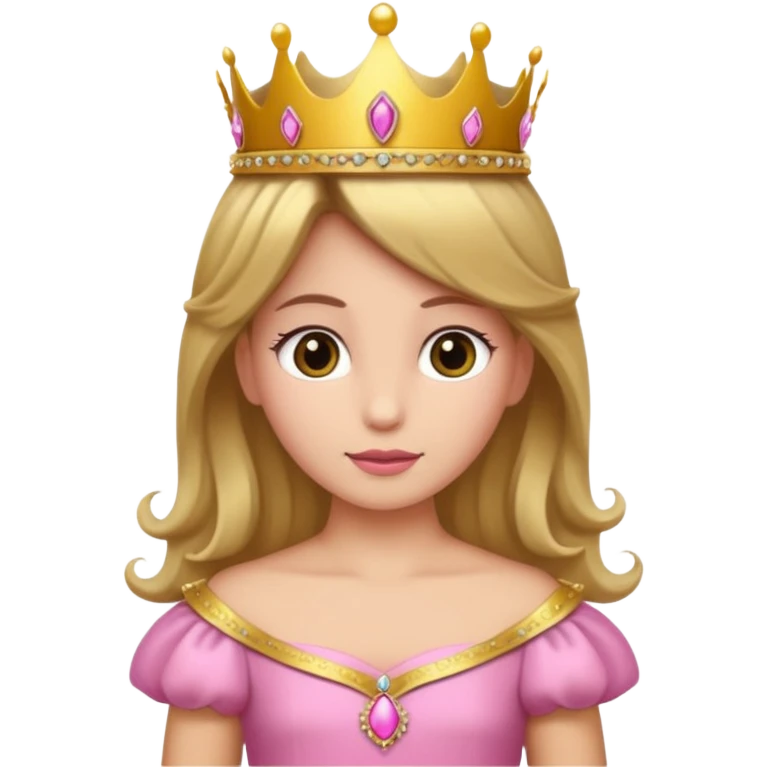 Una princesa con vestido rosa y corona que tenga el pelo castaño claro y ojos marrones  emoji