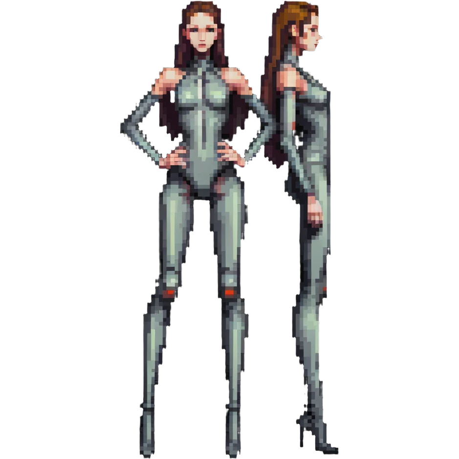Tall slender woman with elongated arms and legs, sharp angular facial features with high cheekbones and defined jawline emoji