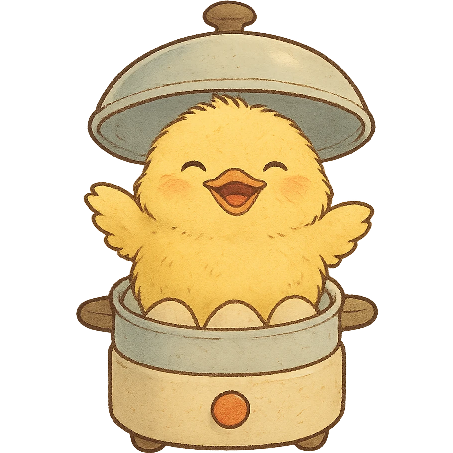 soft yellow fluffy chibi chick big smile emerging from lid of egg cooker full-body emoji