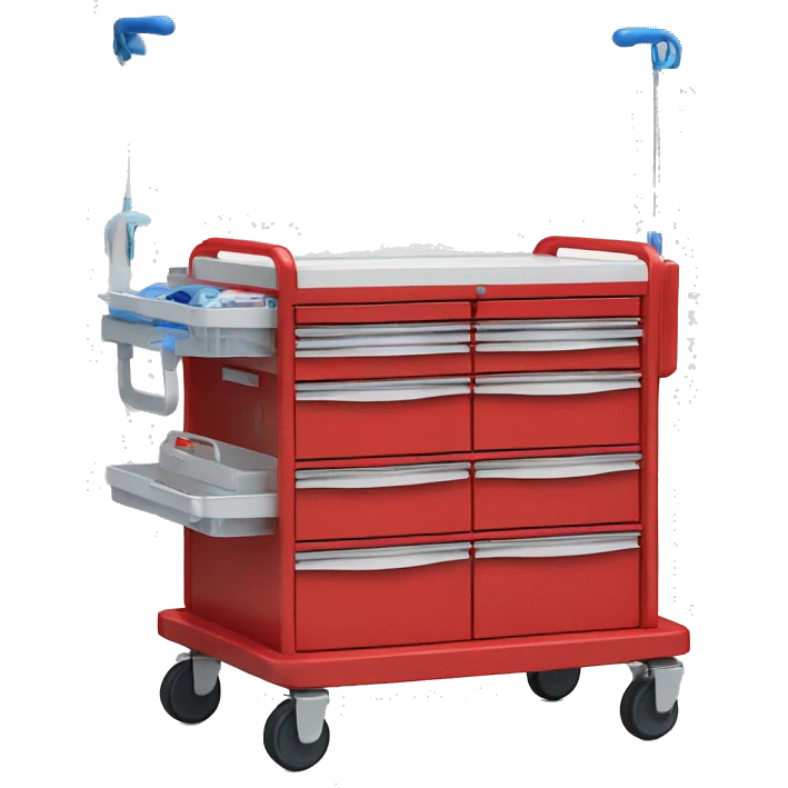Singular Red medical crash cart is a mobile, multi-drawer unit designed to store and organize emergency medical supplies and equipment emoji