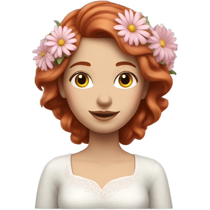Realistic european woman with long red  hair with pink roses & white daisies in hair emoji