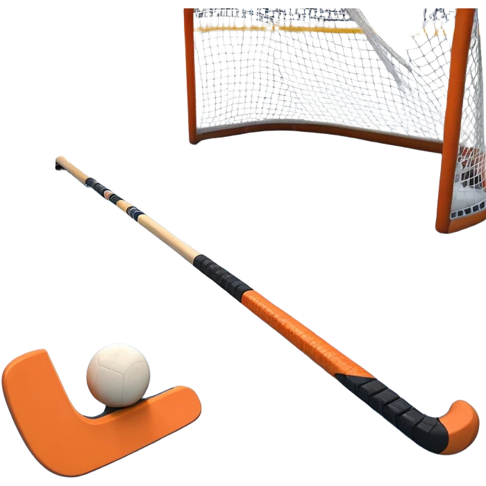 A ball and hockey stick resting on an ice rink, with the goalposts and clear markings in the background. The scene captures the unique nature of field hockey with a ball on ice, emphasizing the speed and precision of the sport in a cold, competitive atmosphere. emoji