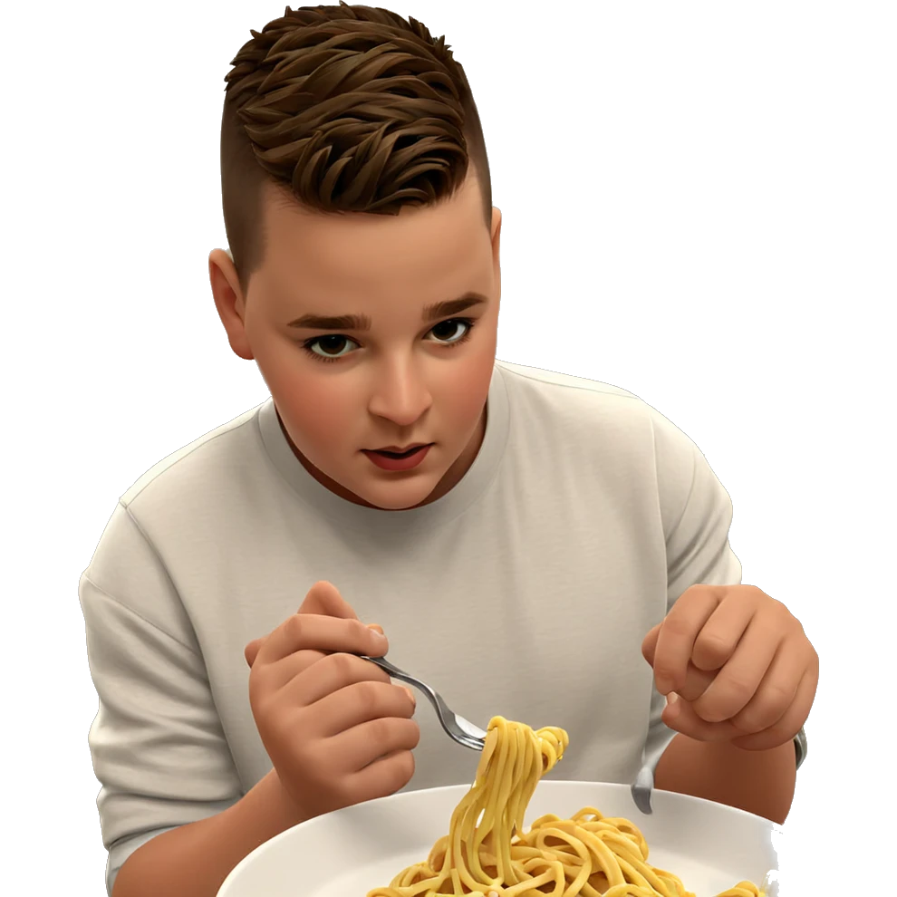 boy enjoying pasta indoors emoji