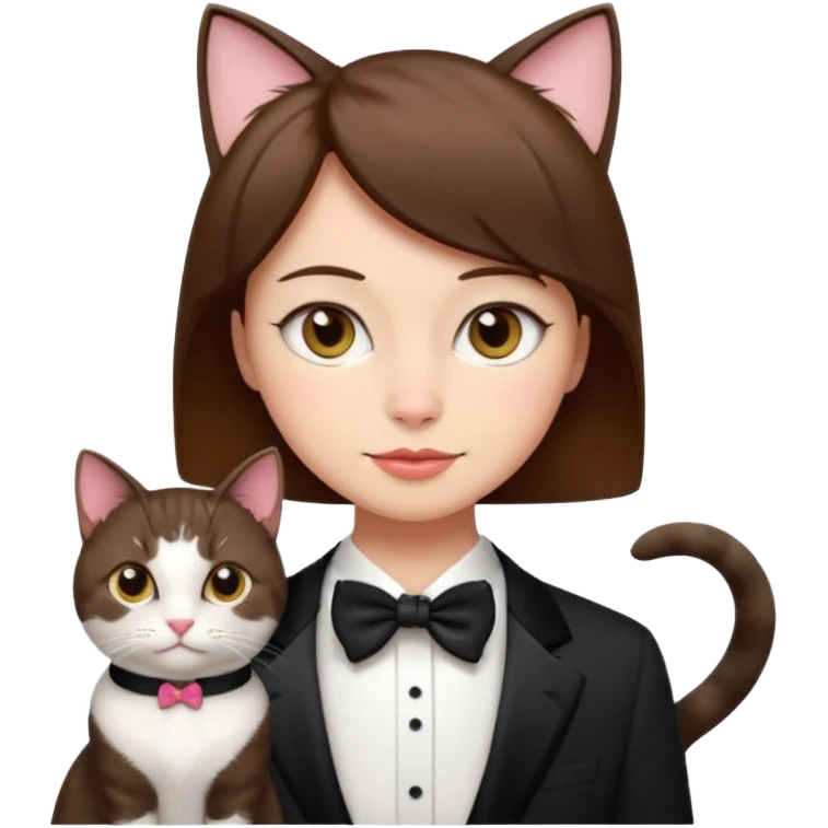 slightly more feminine woman with short brown hair and a tuxedo cat, emoji style emoji