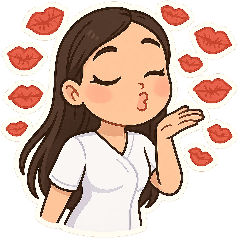 3D chibi bitmoji style sticker of the girl from the reference image, with long dark hair and wearing a white medical top, kissing the viewer, surrounded by lots of kiss marks, with a white outline and transparent background. emoji