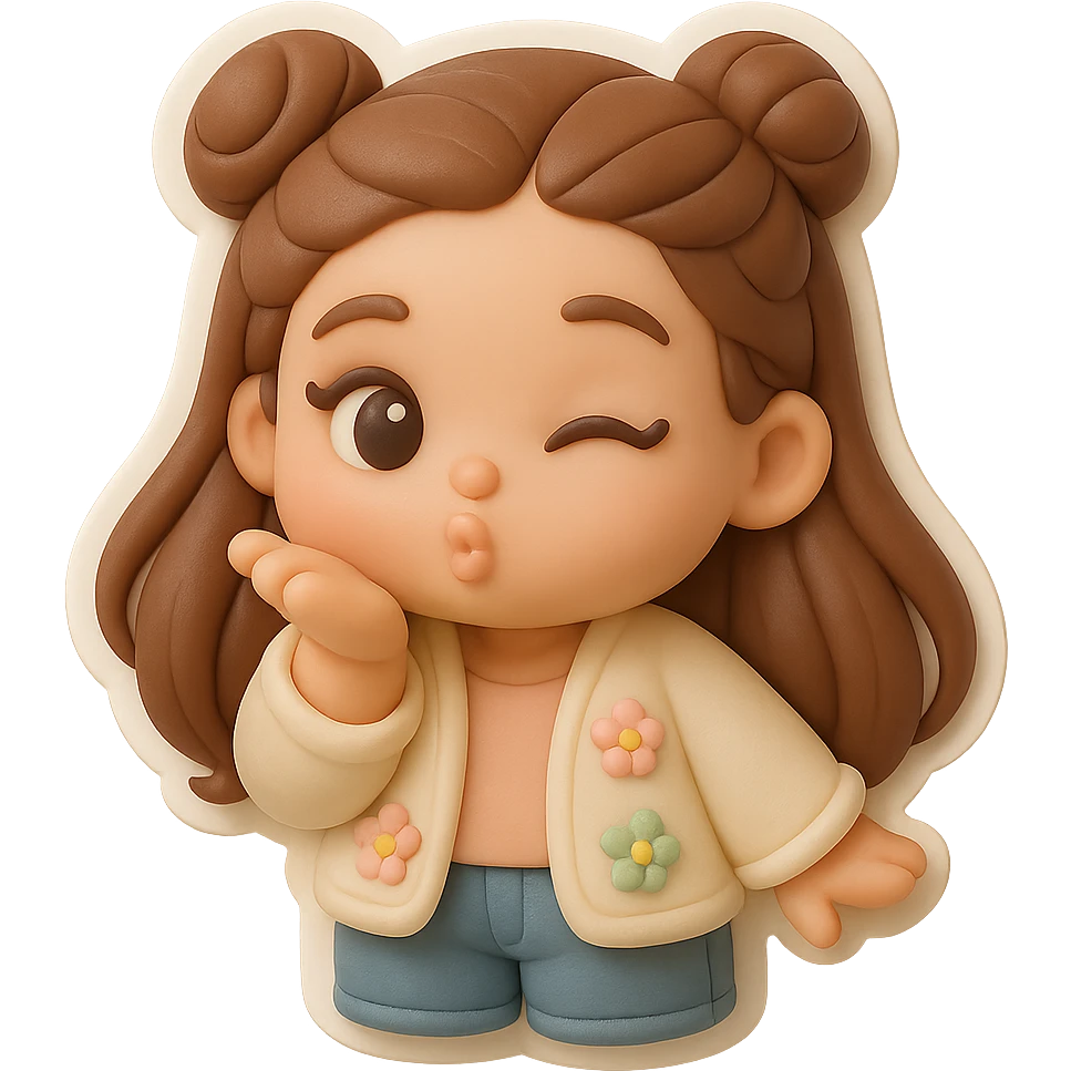 3D chibi fondant cake art style, high-quality rendering with smooth shadows and soft gradients. Girl based on reference image with long brown hair in two space buns, brown eyes, jeans, pastel floral cardigan, thick white outline like a sticker, transparent background. Blowing a kiss and winking. Ensure the face and hairstyle match the reference exactly. emoji