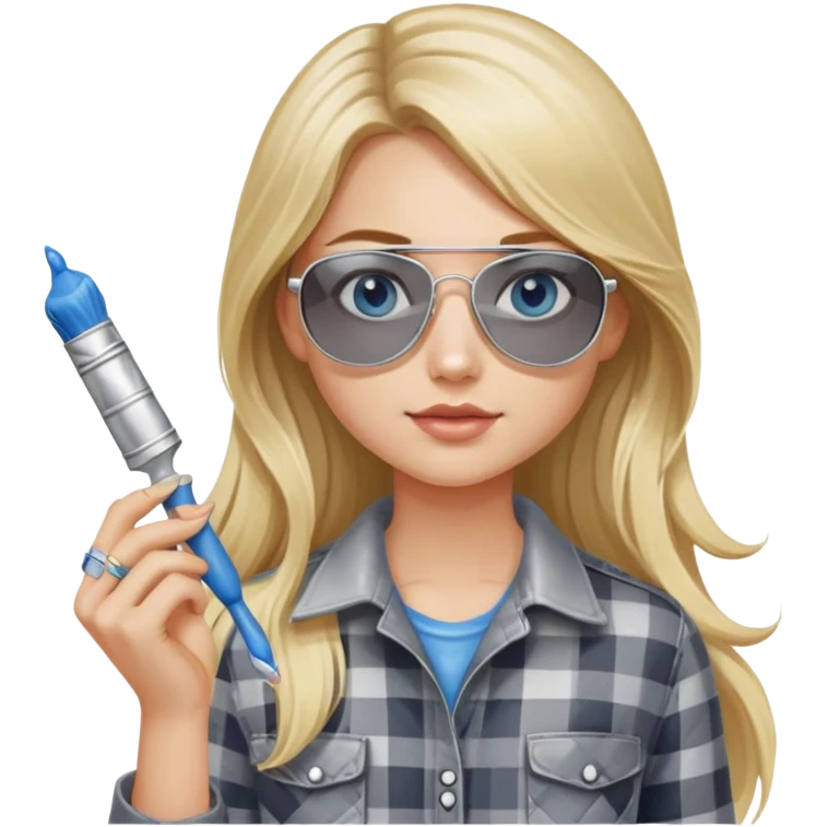 girl with long blond hair, wearing grey plaid shirt with blue eyes and aviator sunglasses wearing a ring on her silver necklace, holding a paint brush roller with a small bit of paint on her face emoji