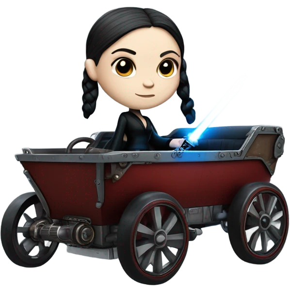 Wednesday Addams Jedi bounty hunter driving a modern blue,red and pewter steampunk electric wagon emoji