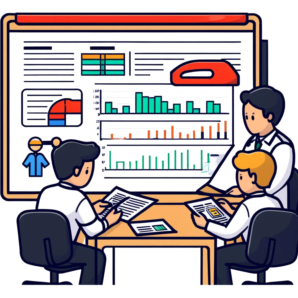 Emergency medical team in a committee meeting with charts and funding documents emoji