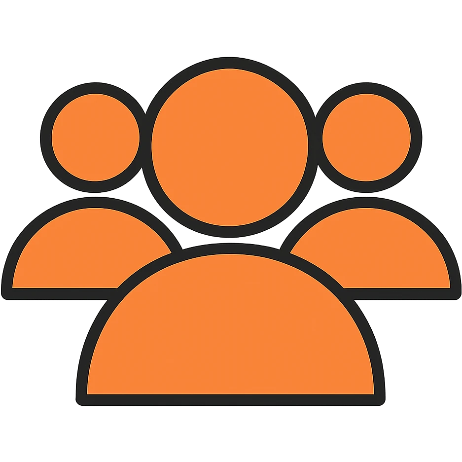Remove all social details or icons, leave only a simple silhouette representing followers, in orange color #fe6601, with transparent background. emoji