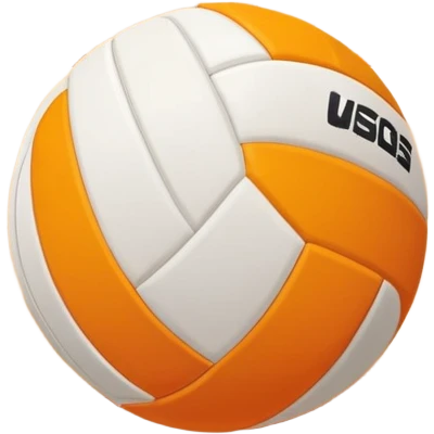 The scene captures a sunny sea beach with clear blue sea and sky, palm trees swaying. A volleyball resting on the orange sand ground of a beach, with a volleyball net in the background.  emoji