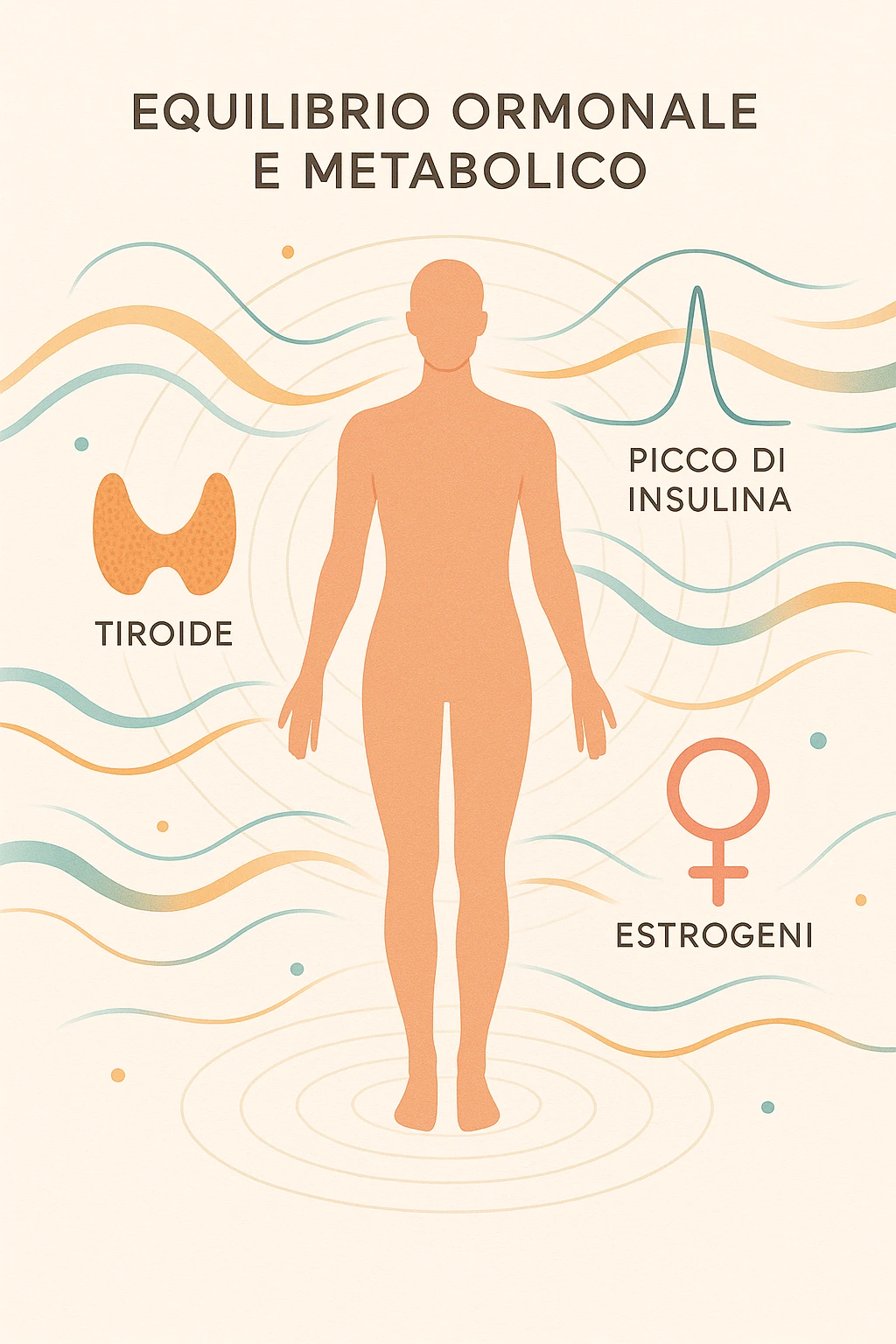 Il corpo è circondato da simboli delicati e bilanciati che rappresentano equilibrio ormonale e metabolico: piccoli cerchi, flussi energetici colorati, simboli stilizzati di tiroide, picco insulina, estrogeni. 4k immagine in italiano emoji