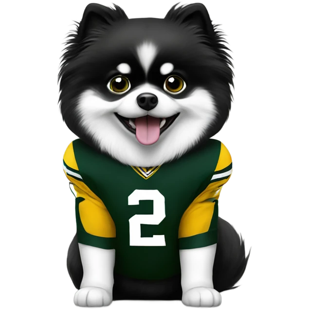 Black and white Pomeranian wearing Green Bay Packers emoji