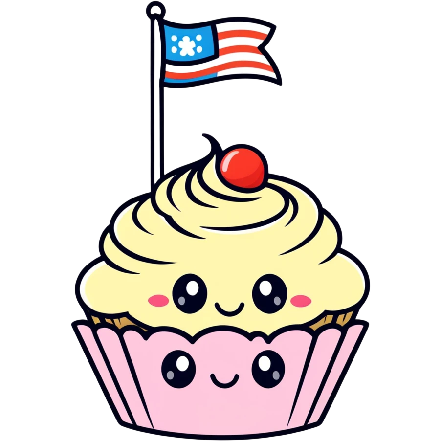 A pastel-colored cupcake with big eyes and a smile holding a flag that says ‘Sweetest girl ever! emoji