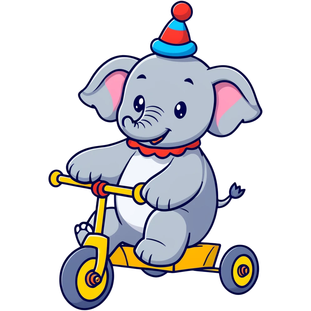 Comical gray elephant wearing a clown hat riding a small colorful tricycle emoji