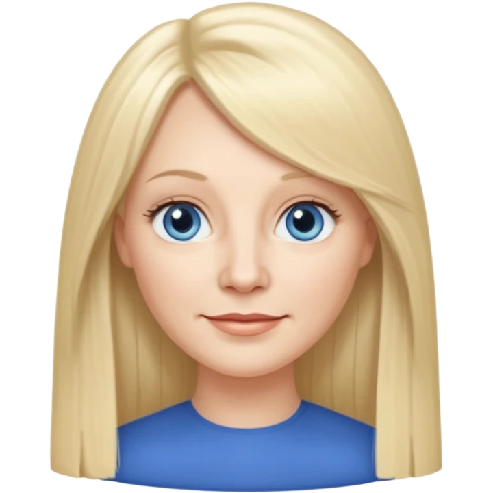 50 yr old white woman, curtain bangs, very long straight blond hair, oval face, small smile, blue eyes, thin face, hair downback, hair parted at center of head, round cheeks, pale, longer hair emoji
