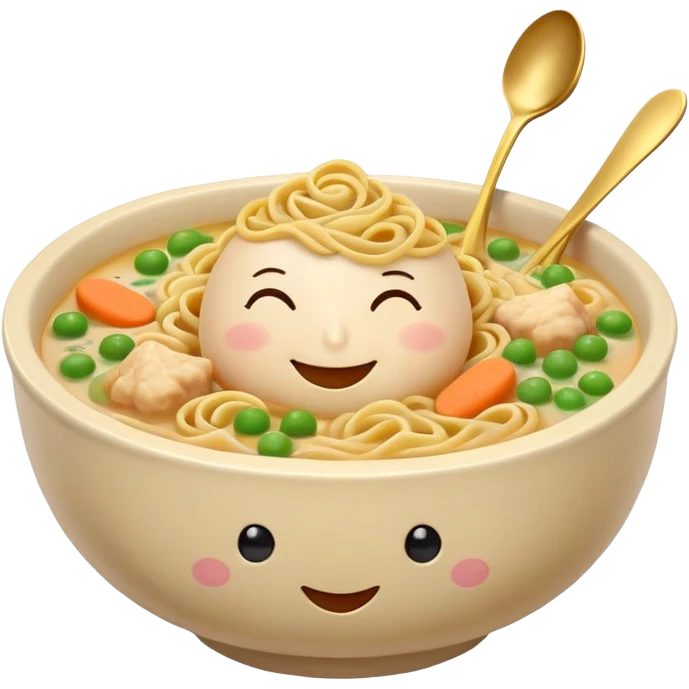 light beige ceramic bowl with homey feel filled with golden broth spiraled noodles chicken chunks carrots peas bowl with happy cozy face closed smiling eyes blush steam rises musical notes spoon tucked in sparkles add warmth around bowl emoji
