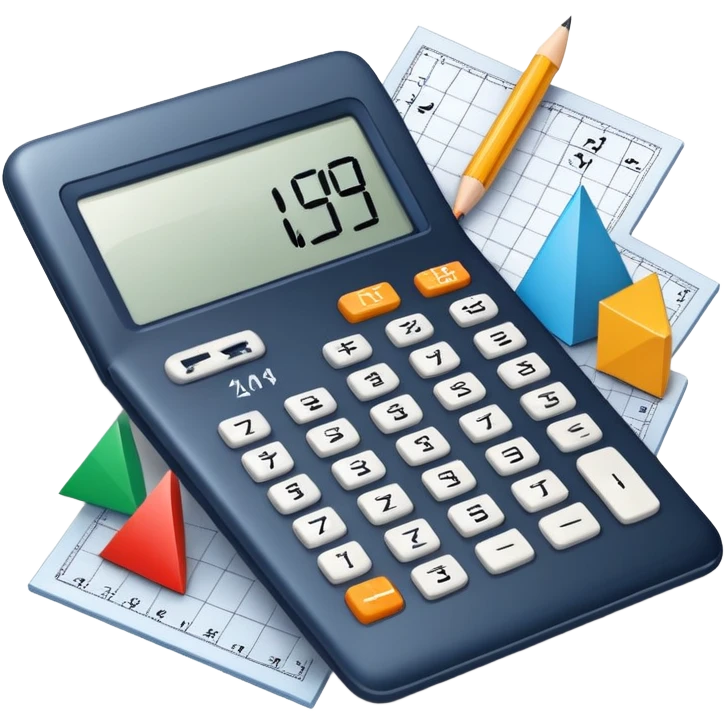 An icon featuring mathematical formulas, a calculator, and geometric shapes, symbolizing mathematics. The design includes numbers, a ruler, and a compass, representing the study of numbers, logic, and equations. Transparent background highlights the science of calculation and analysis emoji