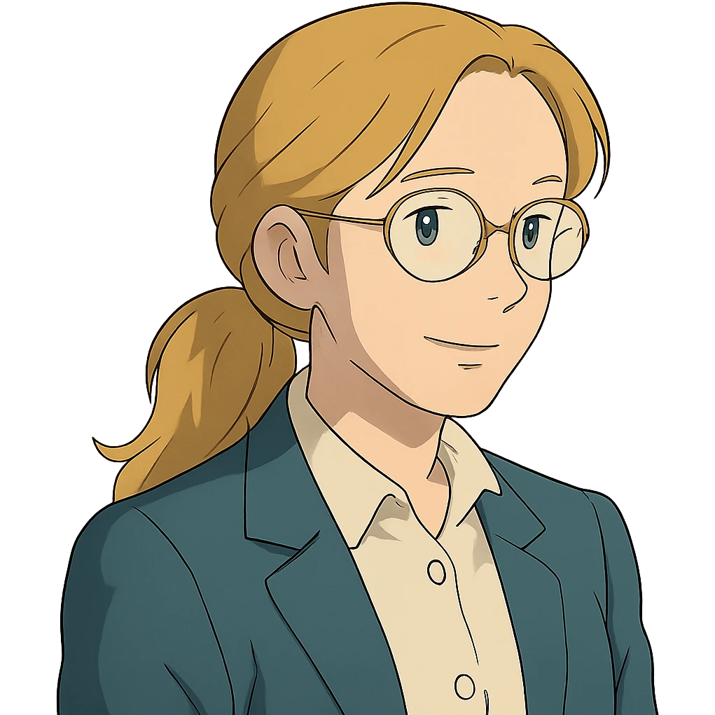 profesora rubia de pelo largo recogido, piel clara, estilo ghibli, con gafas emoji