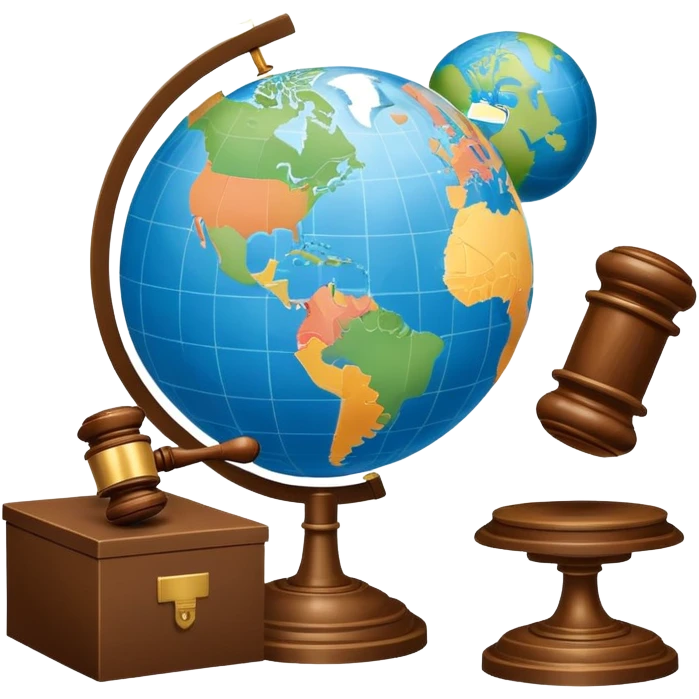 An icon featuring a globe with a gavel and a political map, symbolizing political science. The design includes a ballot box and a podium, representing democracy and governance. Transparent background highlights the study of political systems and global relations. emoji