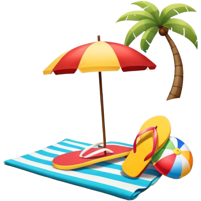 Icon for Beach Tourism: a sandy beach with a beach umbrella, with the ocean landscape in the background, flip-flops, a towel and a beach ball. The icon should capture the relaxation and fun of beach vacations. Transparent background. emoji