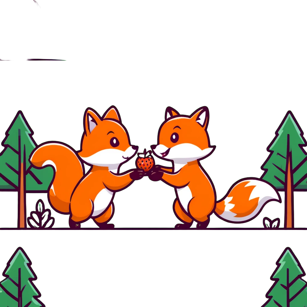 a fox and squirrel sharing berries, forest friendship scene emoji