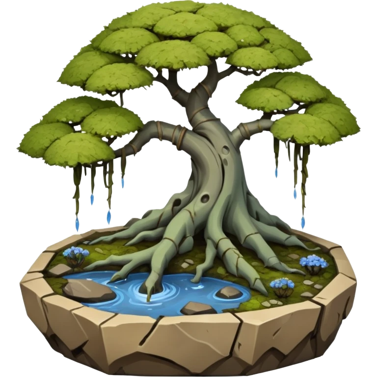 Bare Alien landscape mudman very old broken cracked intricate Stone Age rocky-crusted irregular dodecagon-shaped shallow dark moss rough bark blue weeping willow flowered maple tree bonsai pot emoji