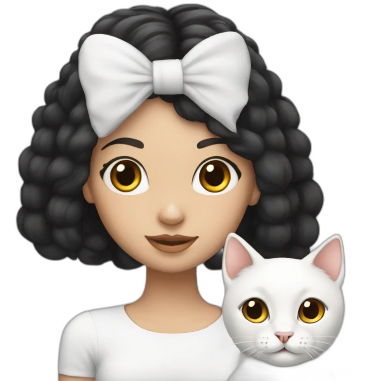 Black hair white girl with white cat on head emoji