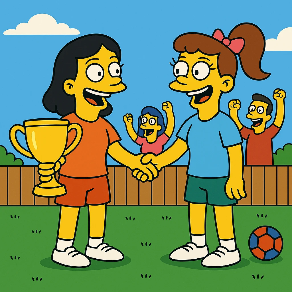  2 female handball standing on field. Congratulating each other shaking hands and smiling, one of them is holding a cup for winning. At the background the spectators cheering emoji