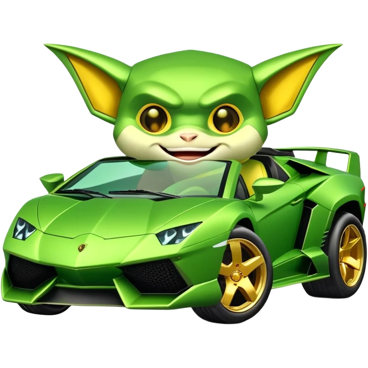 green lambo car with gremlin driving with a smile emoji