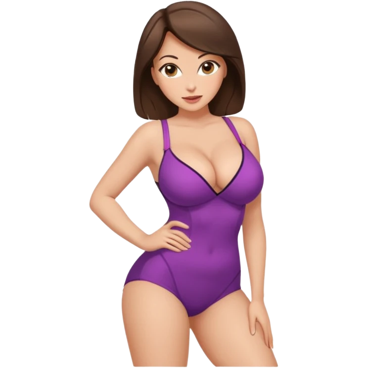Adult female, brunette hair, large breasts, flirty confident expression, slightly provocative outfit, leaning forward pose, bold and playful, visually unique from other females emoji