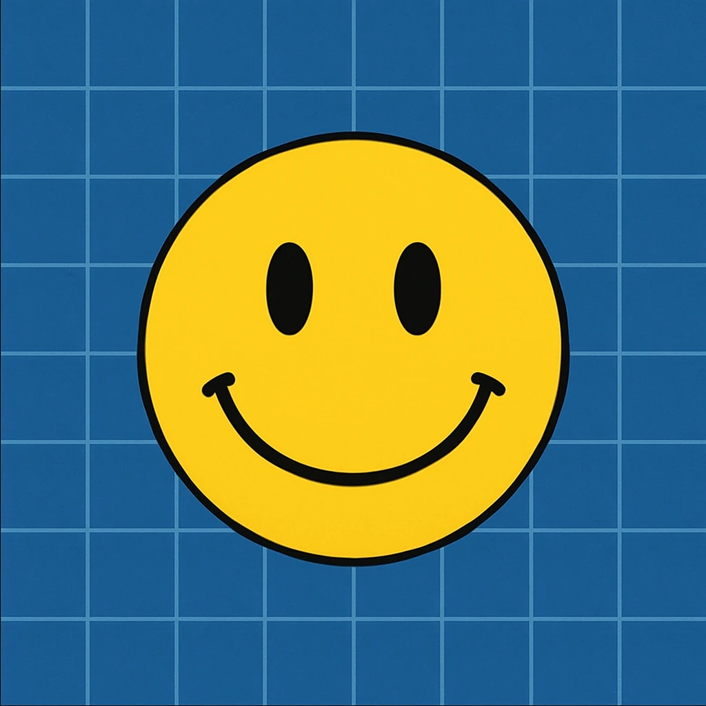 Frame 8: Background is almost fully blue, grid lines nearly complete, smiley face unchanged emoji