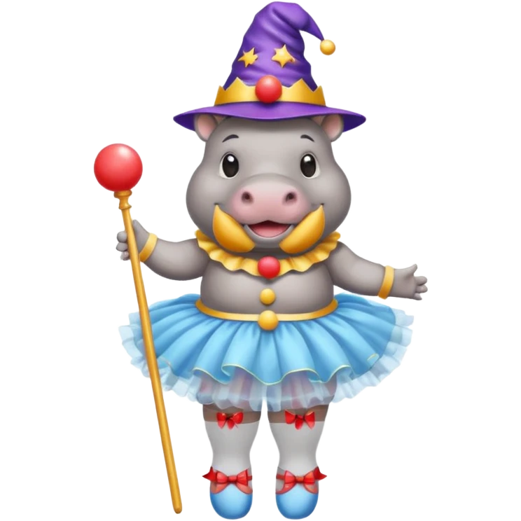 Hippo with a clown nose, a wizard hat, a ballerina tutu, a bikini, sandels and white socks  emoji