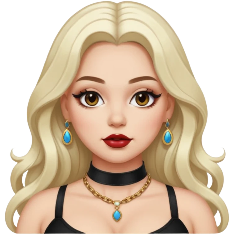 long hair. white thot voluptous chest and gen z makeup accessories. big topless hangingchest. smug detailed face. emoji