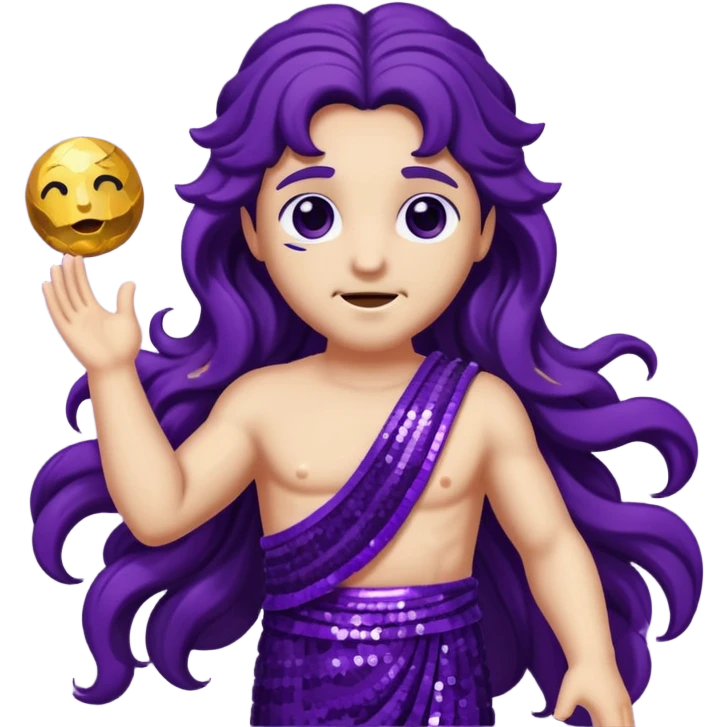  Pluto from Roman Deities with long deep purple wavy hair, deep purple sequin toga emoji