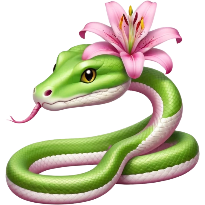 A cute light green and white snake with a pink lily flower on its head. emoji