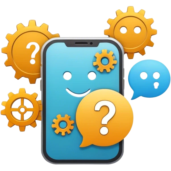 An icon representing customer support without people. The image should include a phone symbol, chat bubble, gears or tools, and a question mark symbol, all in a clean, minimalist style with soft colors emoji