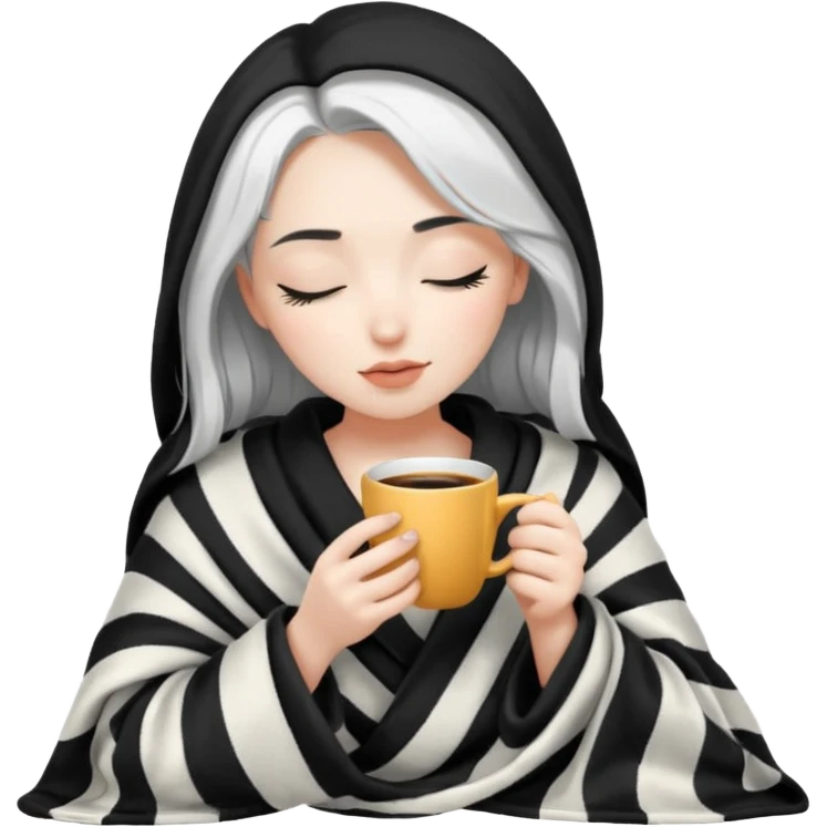 Pale girl with black and white hair inside a blanket sipping coffee eyes closed emoji