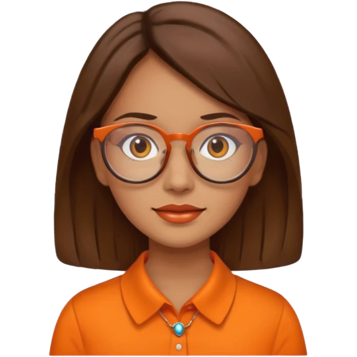 hispanic woman with  brown hair,  orange sectacles and orange blouse  with a collar emoji