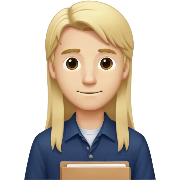 Guy with long straight blonde hair and navy button up holding a school packet emoji