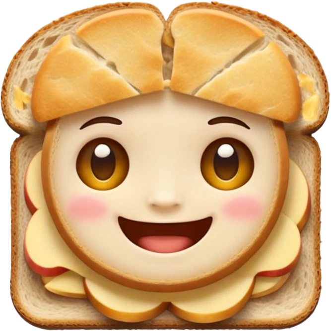 apple style baby emoji head between two horizontal slices of bread like a sandwich, clear smiling face, no extra elements emoji