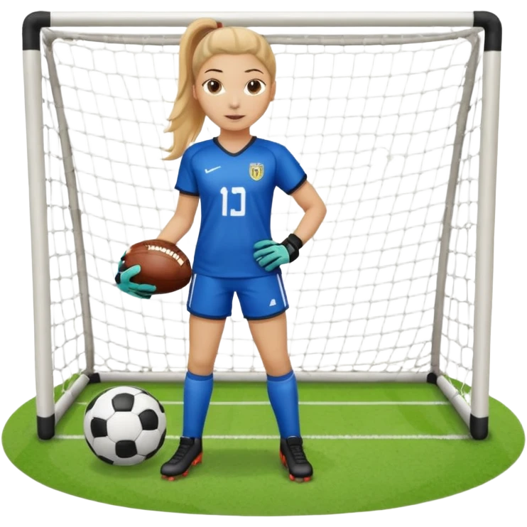 Make a dirty blonde football goalkeeper with goalkeeper gloves on holding a football. The girl is light skinned and wearing a football kit and football shoes. Standing in front of football goal. Wearing a ponytail with the dirty blonde hair. Without a American football ball emoji
