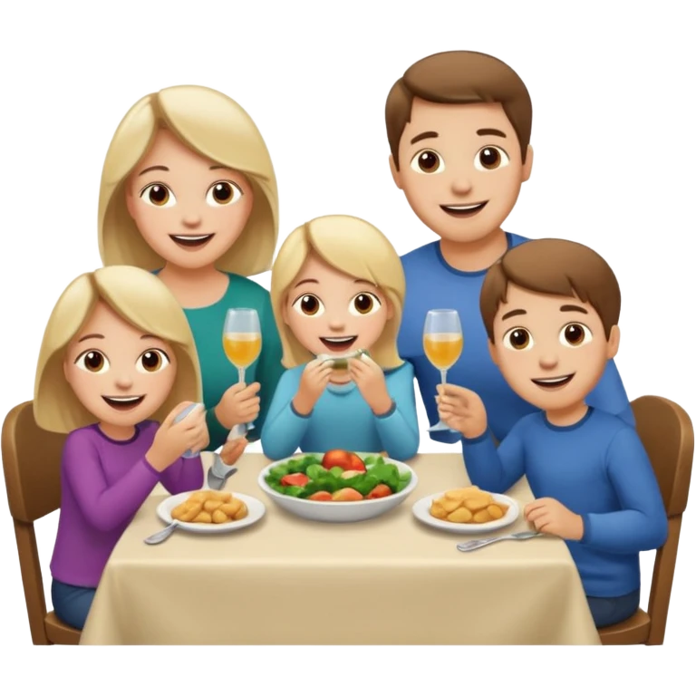 Family eating dinner and laughing together. Husband, wife, boy and girl (4 years old each) emoji