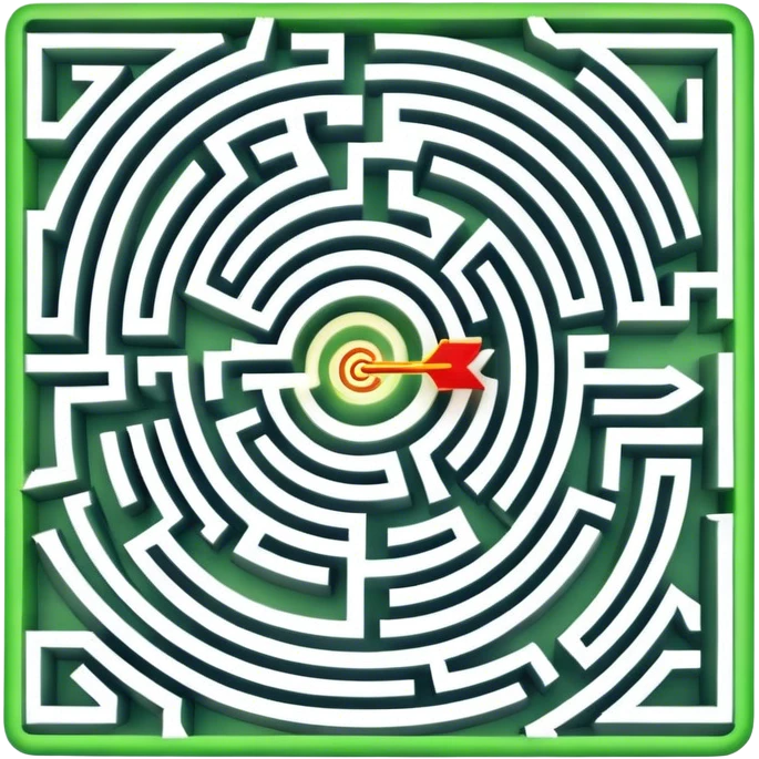 An icon showing an aerial view of a maze, with winding paths and dead ends, symbolizing indoor and city-based escape rooms. A glowing arrow points the way forward, representing the challenge of solving puzzles and finding the exit. .transparent background. emoji
