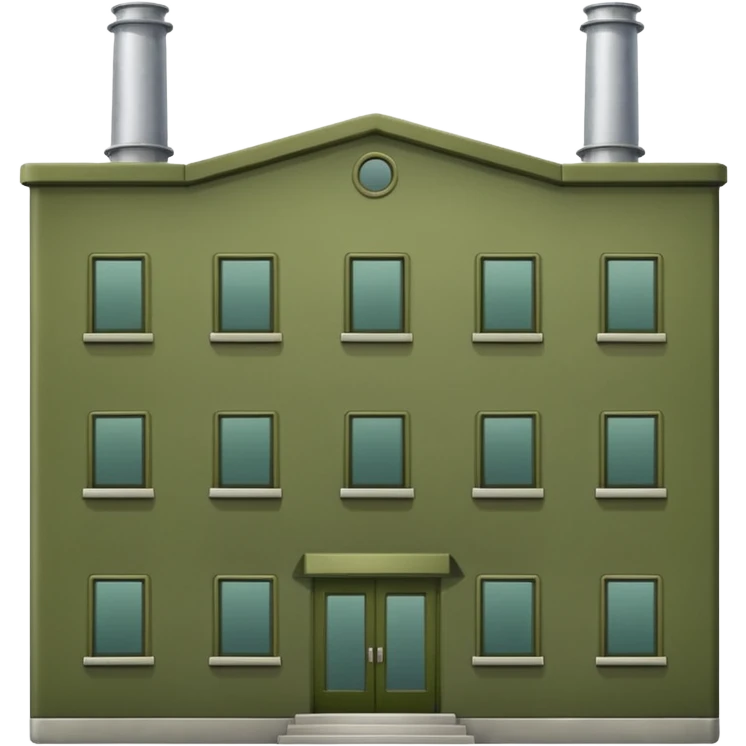 industrial factory building, military olive green color, large windows, industrial doors, no smoke, visually appealing, no weapons, no vehicles, not a house emoji