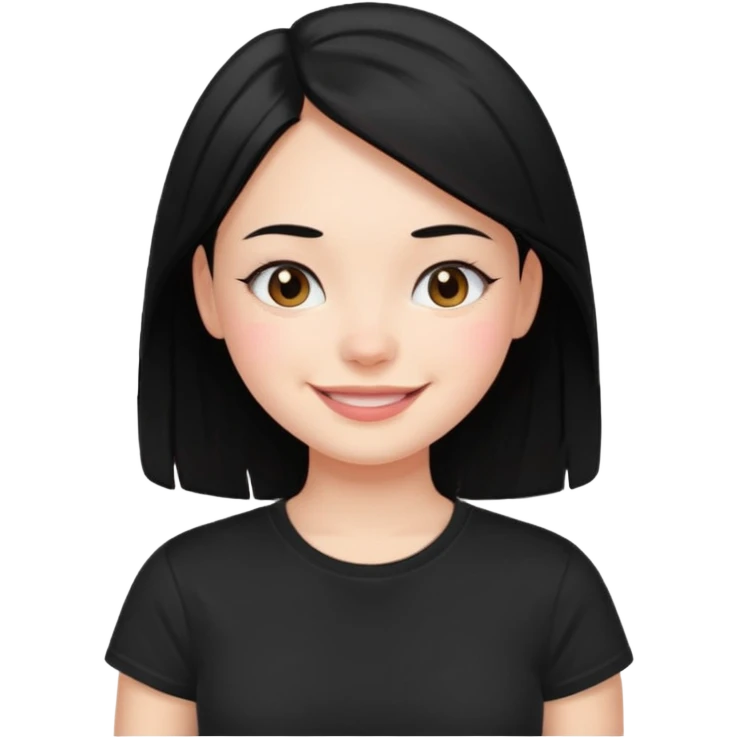 a pretty bratz fair girl with straight black hair, wearing a black tshirt, smiling emoji