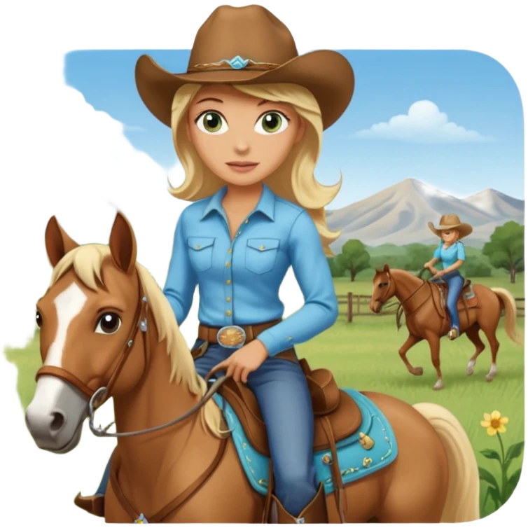 one blonde with light blue green eyes cowgirl on a quarter horse emoji