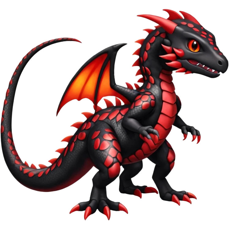 Cute Shiny spottef black and red iridescent Guilmon-Salandit-Fakémon-hybrid-creature (full body)  emoji