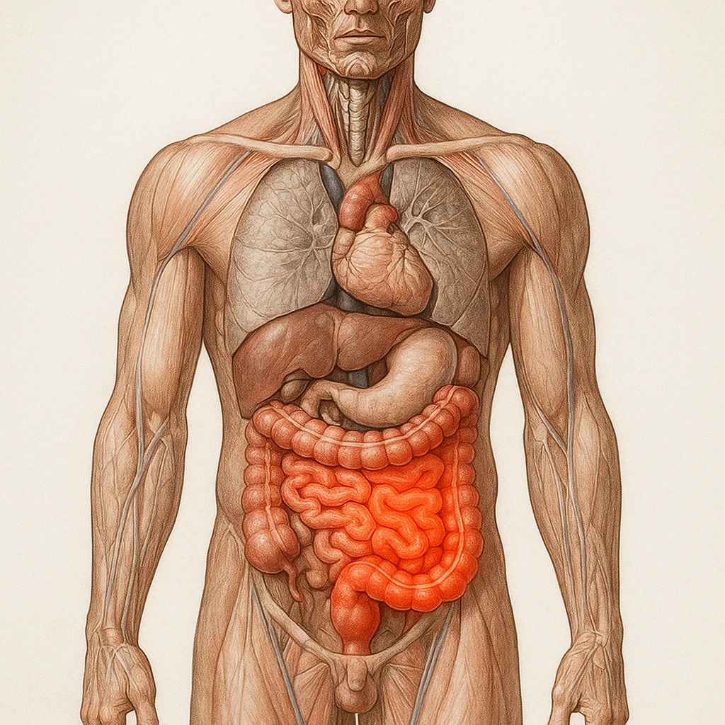 realistic anatomical illustration of human body with inflamed intestine, front view, detailed anatomy, inflammation highlighted in red, natural colors, vertical 9:16 format emoji